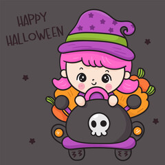 halloween witch child with car delivery pumpkin kawaii card