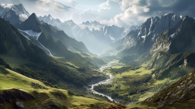 Majestic mountain range, showcasing the rugged peaks and dramatic landscape. AI generated