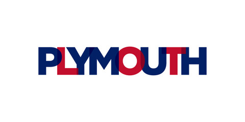 Plymouth city in the United Kingdom design features a geometric style illustration with bold typography in a modern font on white background.