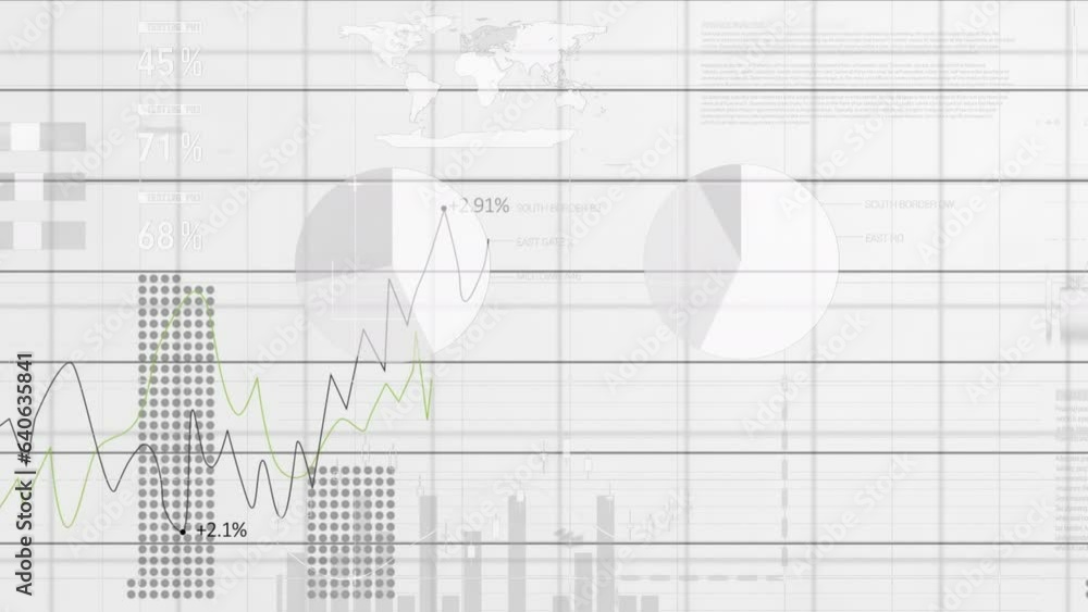 Poster animation of multiple business graphs moving on white grid pattern