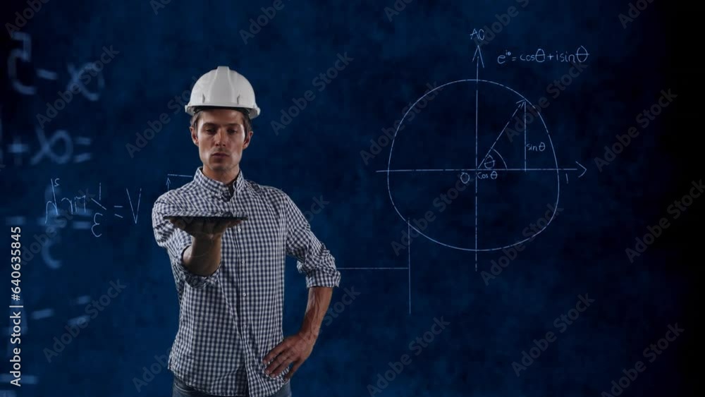 Poster animation of caucasian architect with tablet and mathematical equations on black background