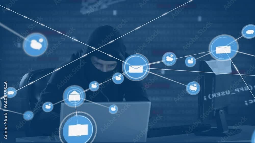 Poster animation of connected message and speech bubble icons, caucasian computer hacker using computer