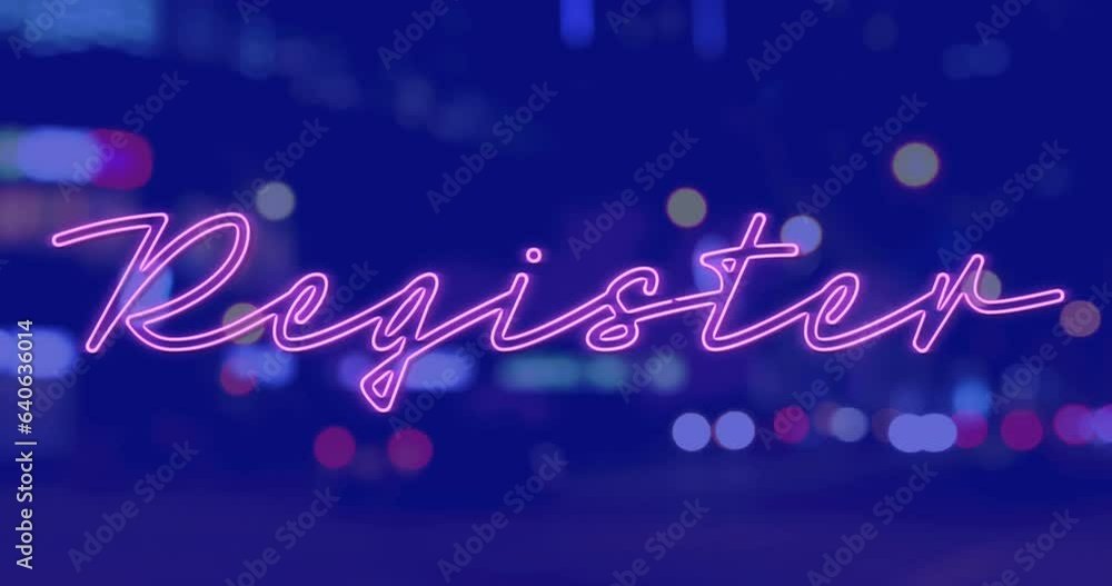 Poster animation of illuminated register text over defocused vehicles moving on illuminated street