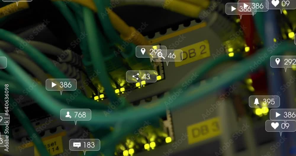 Poster animation of notification bar with changing numbers over cables connected to data server system