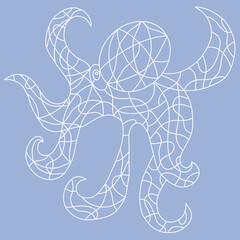 White Octopus in Stained Glass Window Style on Blue Background.