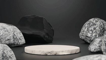 Minimal black cylinder pedestal or podium for product showcase with rocks and stones background. Stand product mockup backdrop high Resolution 3d vector.
