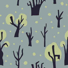 Fototapeta premium Cute and cozy autumn seamless pattern. Repeating freehand drawing for textiles, fabric background. Trees and branches on a gray background.