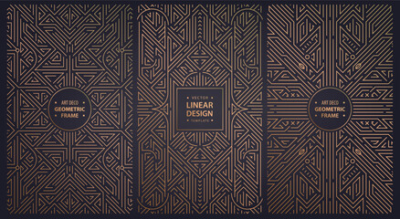 Vector set of art deco design elements, labels and frames for luxury products, golden linear fancy backgrounds, vintage style posters, prints, wedding invitation, covers, package.
