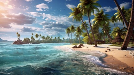 Tropical paradise, with palm trees, white sandy beaches, and clear turquoise waters. AI generated