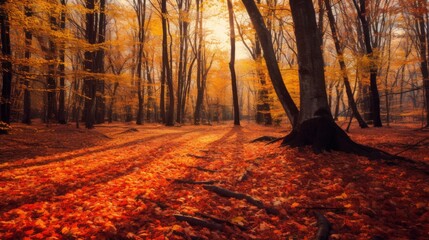Vibrant autumn forest with trees and fallen leaves on the ground. AI generated