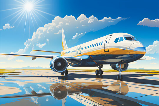 Цhite yellow blue colored aircraft on the runway in the sunny day on background of blue sky and sun.
