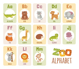 Cute cartoon zoo alphabet for kids. English alphabet cards with funny animals. Vector illustration