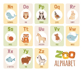 Cute cartoon zoo alphabet for kids. English alphabet cards with funny animals. Vector illustration - 640637025