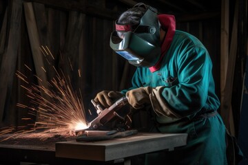 A skilled welder works in an industrial environment. Sparks fly from the skillful joining of the metal, which reflects the technical prowess.