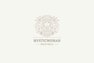 Floral magic woman portrait sacred fantasy silhouette line art logo design template vector