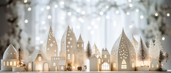 Christmas miniature scene of cozy town with festive little buildings,houses, lights,bokeh, lantern decorations.New year, Xmas background.Winter magical card.Wanderland.Holidays template. Generative ai
