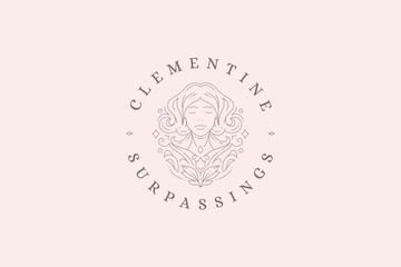 Fantasy dream woman portrait curved floral ornate line logo design template vector illustration