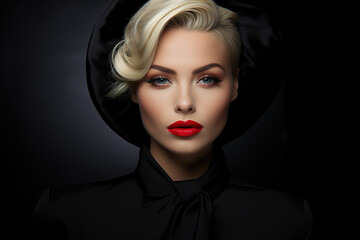 Portrait of beautiful elegant caucasian blonde woman with make-up and red lipstick wearing black hat on dark background looking at camera