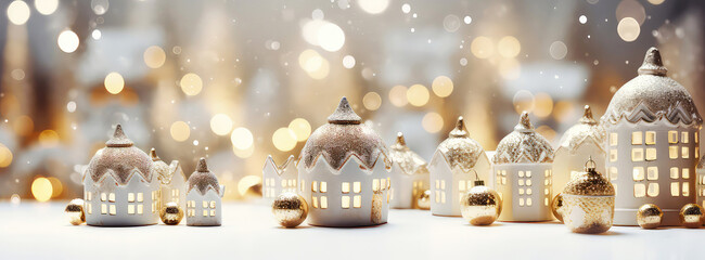  Christmas miniature scene of cozy town with festive little buildings,houses, lights,bokeh, lantern decorations.New year, Xmas background.Winter magical card.Wanderland.Holidays template.Generative ai