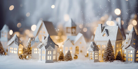Christmas miniature scene of cozy town with festive buildings, lights,bokeh, lantern decorations.New year, Xmas background.Winter magical card. Wanderland. Holidays template.Generative ai