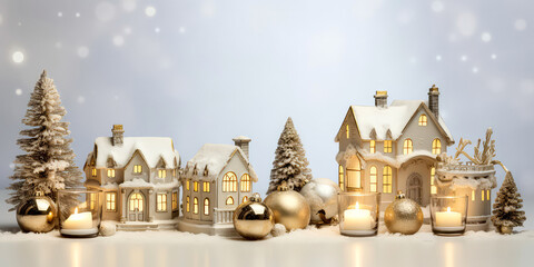  Christmas miniature scene of cozy town with festive little buildings,houses, lights,bokeh, lantern decorations.New year, Xmas background.Winter magical card.Wanderland.Holidays template.Generative ai