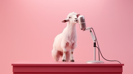 A goat with a microphone on the podium, ready for a singing performance