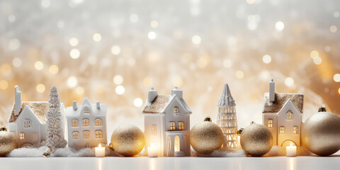 Christmas miniature scene of cozy town with festive buildings, lights,bokeh, lantern decorations.New year, Xmas background.Winter magical card. Wanderland. Holidays template.Generative ai
