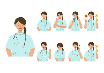 Working nurse Woman. Healthcare conceptWoman cartoon character head collection set. People face profiles avatars and icons. Close up image of smiling Woman.