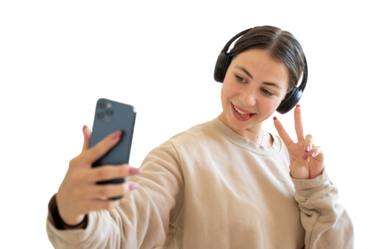 Teenage girl headphones using smartphone at home isolated png