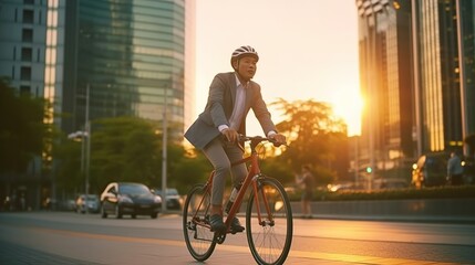 businessman wearing helmet biking with bicycle on road in city to work, Generative AI