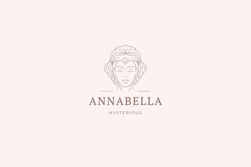 Elegant bohemian woman portrait aesthetic silhouette line art logo design template vector
