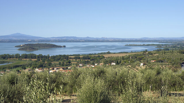 Trasimeno lake, Maggiore isle and Minore isle, panoramic view