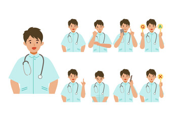 Working nurse man. Healthcare conceptMan cartoon character head collection set. People face profiles avatars and icons. Close up image of smiling man.