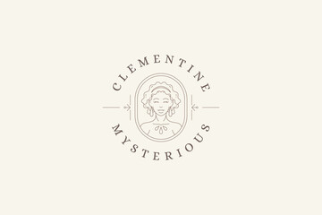 Elegant mysterious woman portrait with fashion accessories line art logo design template vector