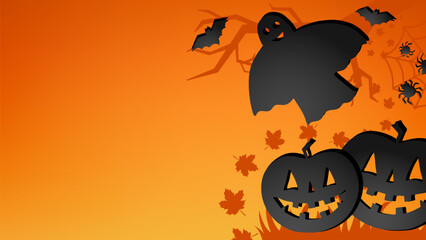 Halloween horizontal banner with carved pumpkin, ghost, bats, spiders on autumn leaves and bare tree branches background. Black and orange colors, paper cut design. Vector template for holiday flyer.