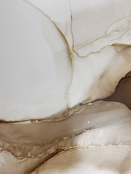 Abstract beige marble art with gold &mdash; brown transparent background. Beautiful smudges and stains made with alcohol ink and golden paint. Beige fluid art texture resembles watercolor or aquarelle.