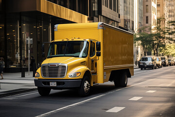 Fototapeta na wymiar Delivery truck in the street of New York delivering shipments.