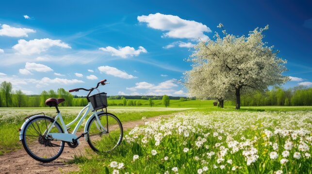 a clssic bicycle in beautiful spring summer natural landscape and a flowering meadow against a blue sky with clouds on a bright sunny day, Generative AI