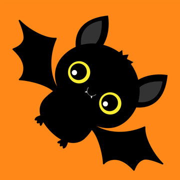Cute flying bat black silhouette icon. Cartoon funny baby character with big open wing, yellow eyes, ears. Happy Halloween. Forest animal. Flat design. Orange background. Isolated. Greeting card.