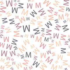 Seamless abstract M letter vector geometric pattern. Colorful letters on white background. Random order. Gift wrapping paper, fabric, poster. Bed linen and interior. School and learning theme.