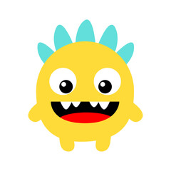 Monster. Happy Halloween. Cute head face with hair, fangs. Yellow silhouette monsters. Cartoon kawaii funny boo character. Childish baby collection. T-shirt design. White background. Flat design.
