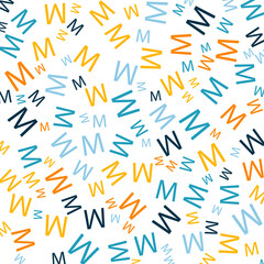 Seamless abstract M letter vector geometric pattern. Colorful letters on white background. Random order. Gift wrapping paper, fabric, poster. Bed linen and interior. School and learning theme.