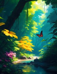 Tropical Forest a Sunny Day Magic with River and Colorful Butterflies Acrylic Painting Ai Generative
