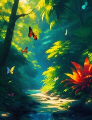Tropical Forest a Sunny Day Magic with River and Colorful Butterflies Acrylic Painting Ai Generative