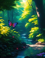 Tropical Forest a Sunny Day Magic with River and Colorful Butterflies Acrylic Painting Ai Generative