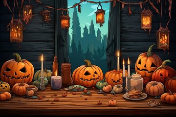 The colorful illustration of Halloween foods and items on wooden texture table. Generative Ai.