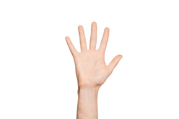 Open raised hand; palm to the camera isolated on transparent background.