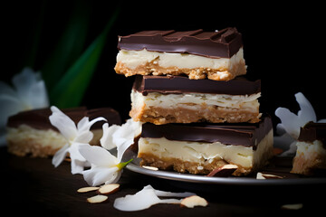 Almond Joy Bars, luscious coconut and almond confection, enrobed in silky chocolate, a tropical escape in a bite