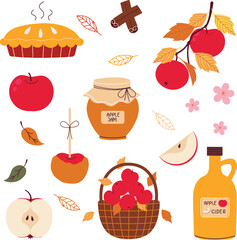 Autumn apple collection. Apple pie, jam, cider, slice, cider, apple branch and leaves, cinnamon and caramel apple isolated on white background. Vector illustration. 