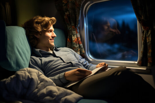Happy young man traveling in sleeper compartment of the train at night.